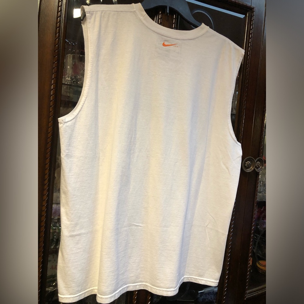 Nike White T-Shirt with Blue Neck Trim and Blue and orange trim Nike Logo - Picture 8 of 10